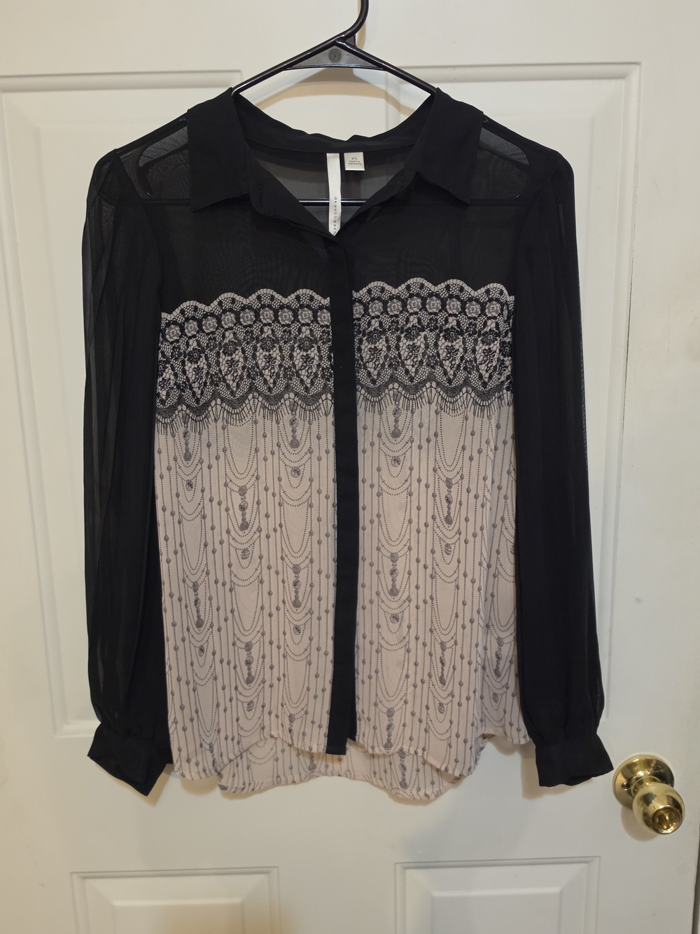 LC Lauren Conrad Black Sheer Button-Down with Cream Bottom.